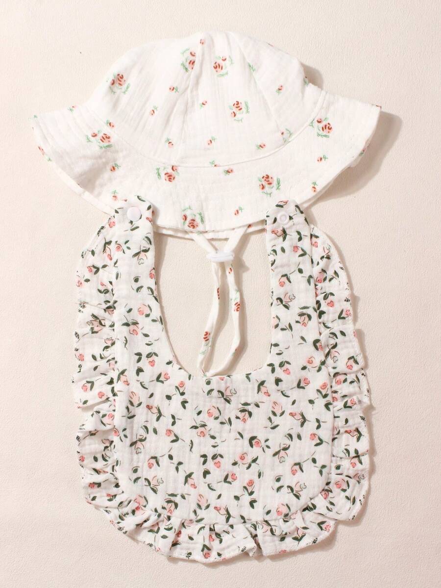 1pc Baby Hat, Baby Girls Solid Color Cute Bucket Hat Set Suitable For Outdoor Sun Protection + 1pc Printing Soft Cute Baby Bib - Multicolor - View 1
