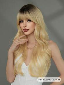 7JHH WIGS 28 Inch Ombre Golden Wig, Women's Long Wavy Curly Wig With Bangs, Dark Roots, Natural Fluffy, Made Of Soft Heat-Resistant Synthetic Fiber, Full Machine Curled, Suitable For Daily Wear, Music Festivals, Street Fashion, Anime Cosplay Or Costume Styling - 漸變金色 - 查看 4