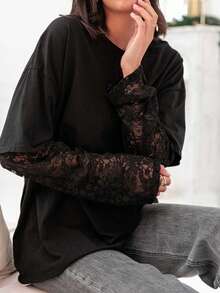 1 szt. Damska luźna koronkowa koszulka z długim rękawem, wygodna i modna do codziennego noszenia, na wyjścia, do biura, do szkoły, na festiwal muzyczny, na wiosnę/lato/jesień