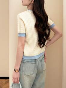 Alicedudu Women's Summer Contrast Edge Embroidered Round Neck Short Sleeve Top - Beige - View 2