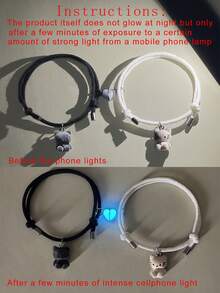 2pcs Luminous Couple Rings, Cute Cat Heart Pendant Bracelet That Glows In The Dark, Suitable For Couples Halloween & Valentine's Day Gifts - Multicolor - View 4