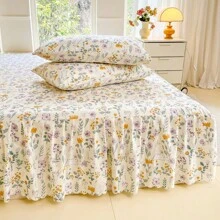 3pcs/Set Minimalist Digital Print Soft & Comfortable Bedding Set, 1 Fitted Sheet + 2 Pillowcases (No Comforter), Romantic Ruffled Elegant & Cozy Bedding Suit For Bedroom, Guest Room, King/Queen/Twin Size, Breathable, All Season, Machine Washable, Elastic Corner Design
