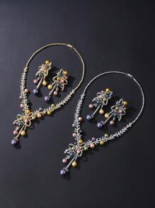 1 Set Of 3pcs Luxury Cubic Zirconia Necklace & Earrings Jewelry Set, Matching Wedding Dress, Party Gown, Faux Pearl Jewelry Gift For Holiday, Birthday