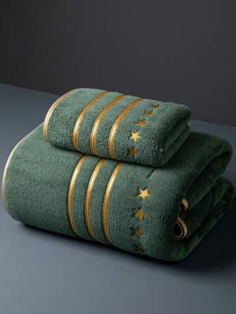 1pc Extra Large Bath Towel, 86*170cm, Polyester Fiber, Solid Green Color With Embroidered Star Pattern, OR 34*75cm Hand Towel, Absorbent Quick-Dry Soft, Unisex Suitable For Bathroom, Hotel, Party, Beach, Travel, Sports, Gifts, Pool, Salon, Outdoor, Gym - All Season Home Bathroom Decor Fall Decor Back To School For Beauty Salon Home Bathroom Shower Towels For Beaty Salon, Hotel Sports,Home Essentials, Towel, Skin Care