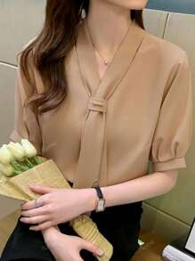 女士纯色休闲/工作服短袖蝴蝶结衬衫