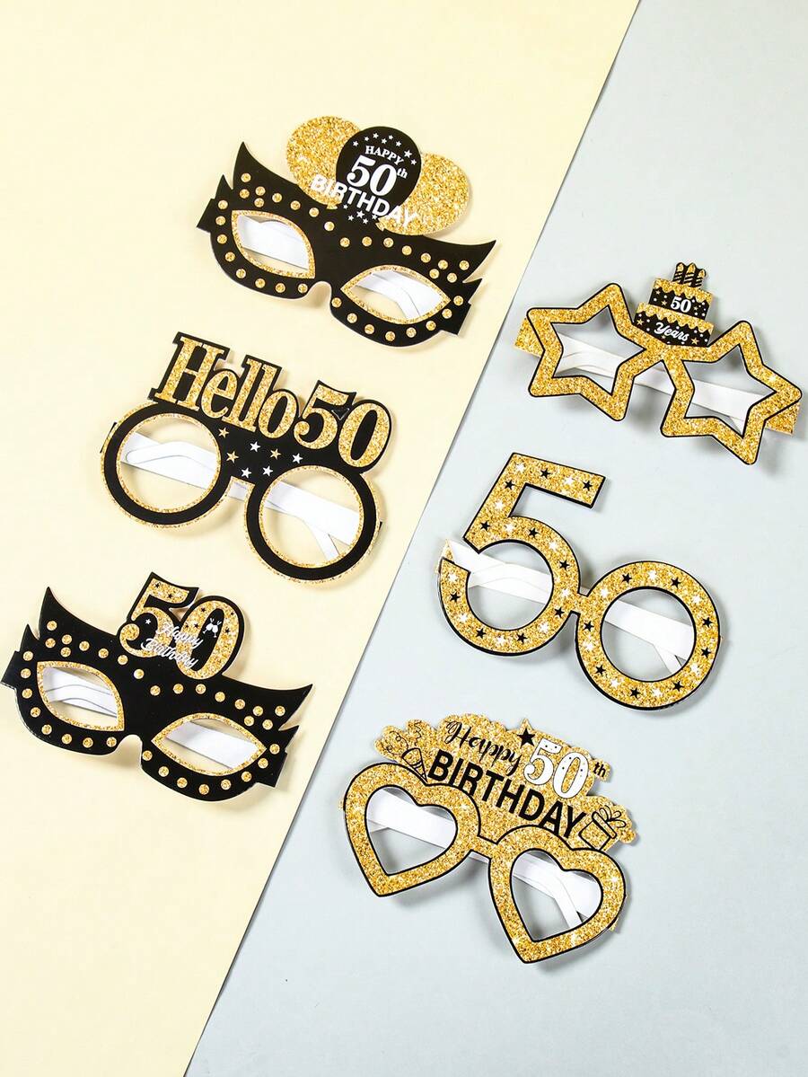 6 件 50 岁生日派对纸质眼镜装饰品,黑金色照片道具成人节日派对装饰,生日快乐装饰面具,男女皆宜 - 黑色 - 查看 1