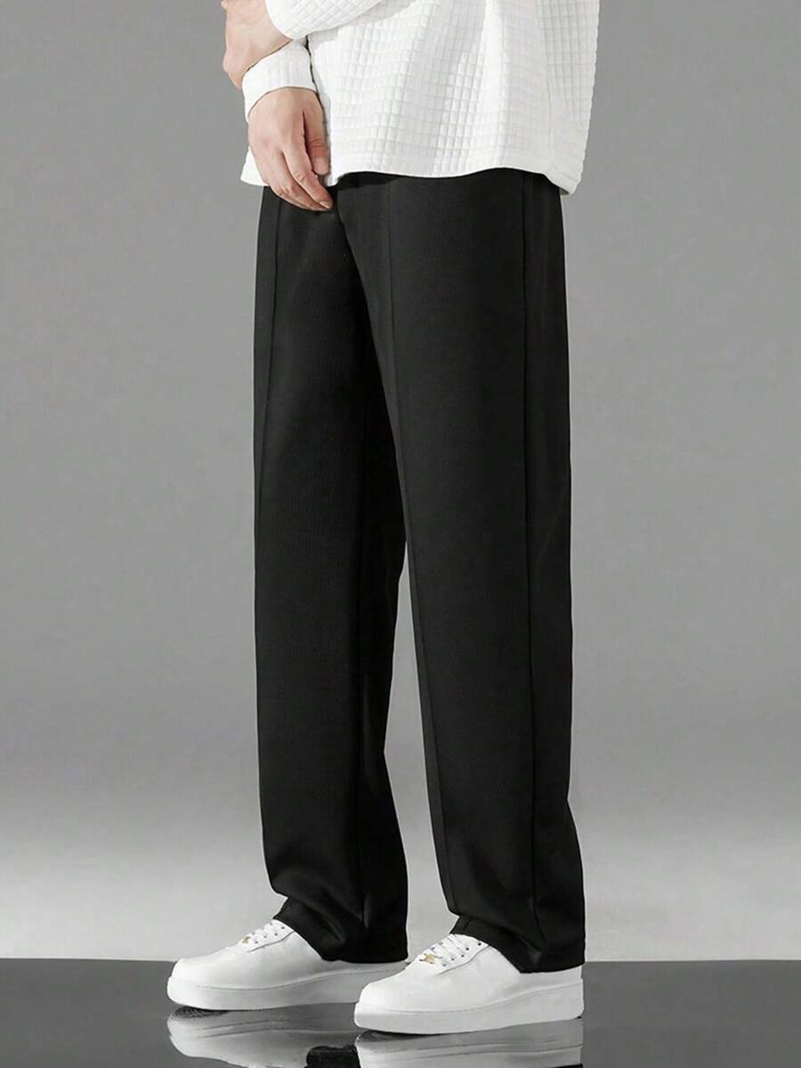 1pc Tween Boys' Casual Solid Color Toothpick Pleated Decor Sports Outdoor Waffle Straight Leg Pants, Spring/Autumn - Black - View 1