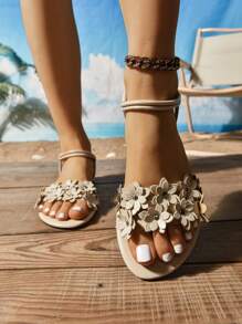 Women's Fashion Embroidered Comfortable Elastic Strap Flat Beach Sandals, Plus Size