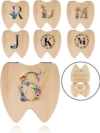 1pc Wooden Tooth Box Teeth Storage Box For Boys Girls Creative Initial Name Pattern Umbilical Cord Tooth Collection Box Souvenir Box English Organizer