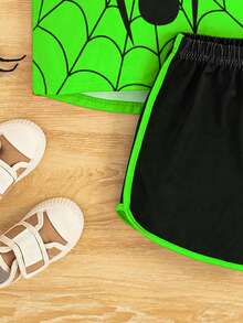 2pcs/Set Young Boy Summer Spider Print Round Neck Top And Shorts Set, Korean Style - Green - View 3