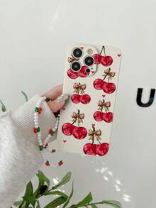 1 件白色 TPU 个性化豹纹、蝴蝶结、樱桃图案防震手机壳和 1 件珍珠樱桃腕带 - 彩色 - 查看 1