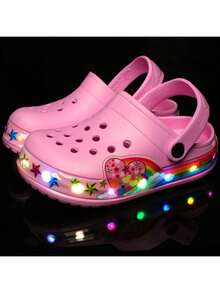 Glow-In-The-Dark Cartoon LED Light-Up Sandals, Non-Slip Soft Sole, EVA Material, Suitable For Boys And Girls Indoor/Outdoor Play, Beach And Summer Fun, Children LED Cartoon Car Print Slip-On Breathable Clogs, Cute And Style For Outdoor, Beach, And Home Scenes, Colorful EVA Rubber Flip Flops - Pink - View 3