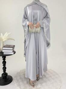 Set de 2 piezas Conjunto modesto y elegante con flecos con lentejuelas y bata, cuello redondo, conjunto de abaya elegante y grácil para fiesta, cita, ceremonia