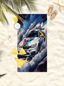 1pc Modern Blue And White Sports Car Beach Towel, Tropical Print Beach Towels, Large Beach Towel, Beach Blanket, Microfiber Towel, Picnic Mat 2-In-1 Oversized Polyester Beach Blanket, Sand Resistant Quick Drying Towel, Summer Travel Essentials, Playa,Camping, Bathroom, Swimming Pool, Beach Essentials, Bathroom Bath Towel, Cruise Ship Essentials, Beach Accessories, Hawaii,Birthday Present. Holiday Bathroom Decor