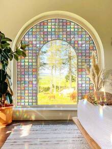 1 Roll Colorful Holographic Plaid Privacy Window Film, Retro Rainbow Static Cling Vinyl Glass Film, Non-Adhesive Removable UV-Blocking Sticker, Suitable For Glass Decoration, Size: 17.7x118inch - Color - View 19