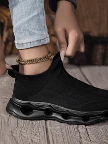 1 双女式一脚蹬弹性休闲运动鞋，舒适柔软的情侣步行鞋，透气针织运动鞋，适合日常穿着 - 黑色 - 查看 6