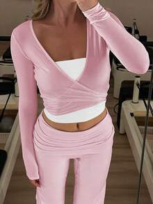 Ballet Wrap Tie Top Women Pilates Workout Yoga White Cross Wrap Top Y2k V Neck Long Sleeve Slim Fitted Self Tie T-Shirts Tops - 粉色 - 查看 7