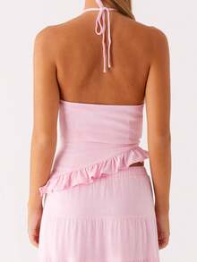 Women's 2 Piece Skirt Outfits Halter Neck Ruffle Trim Tops Long Flowy Skirt Set - Hồng - Xem 5