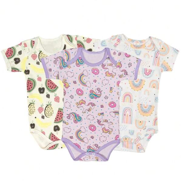 Kit 3 Body Bebê Manga Curta Estampado Sortido Tecido Leve Outono