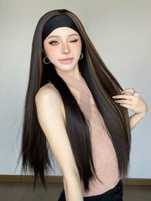 26Inch Long Synthetic Brown Interlaced( Black)Highlight Wig Headband, Heat Resistant Silky Straight Headband Wigs For Women, Christmas Halloween Festival Wig, Daily Party Cosplay - Piano Color - View 3