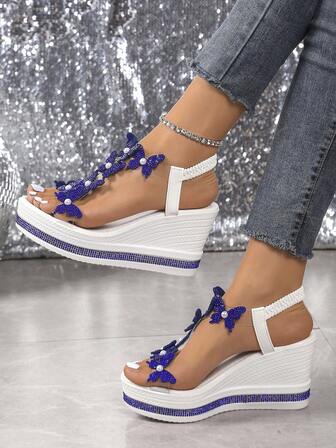 Sandalias de plataforma de moda para mujeres con decoración de mariposa y perla, de uso versátil, para verano/otoño