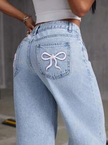 Girl & Teen Girls Fashion Street Style Jeans, Bow Embroidery Detail, Comfortable And Casual