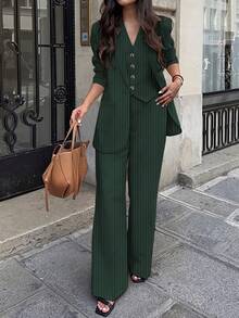 女士休闲通勤条纹夹克、裤子、背心三件套西装套装，春夏