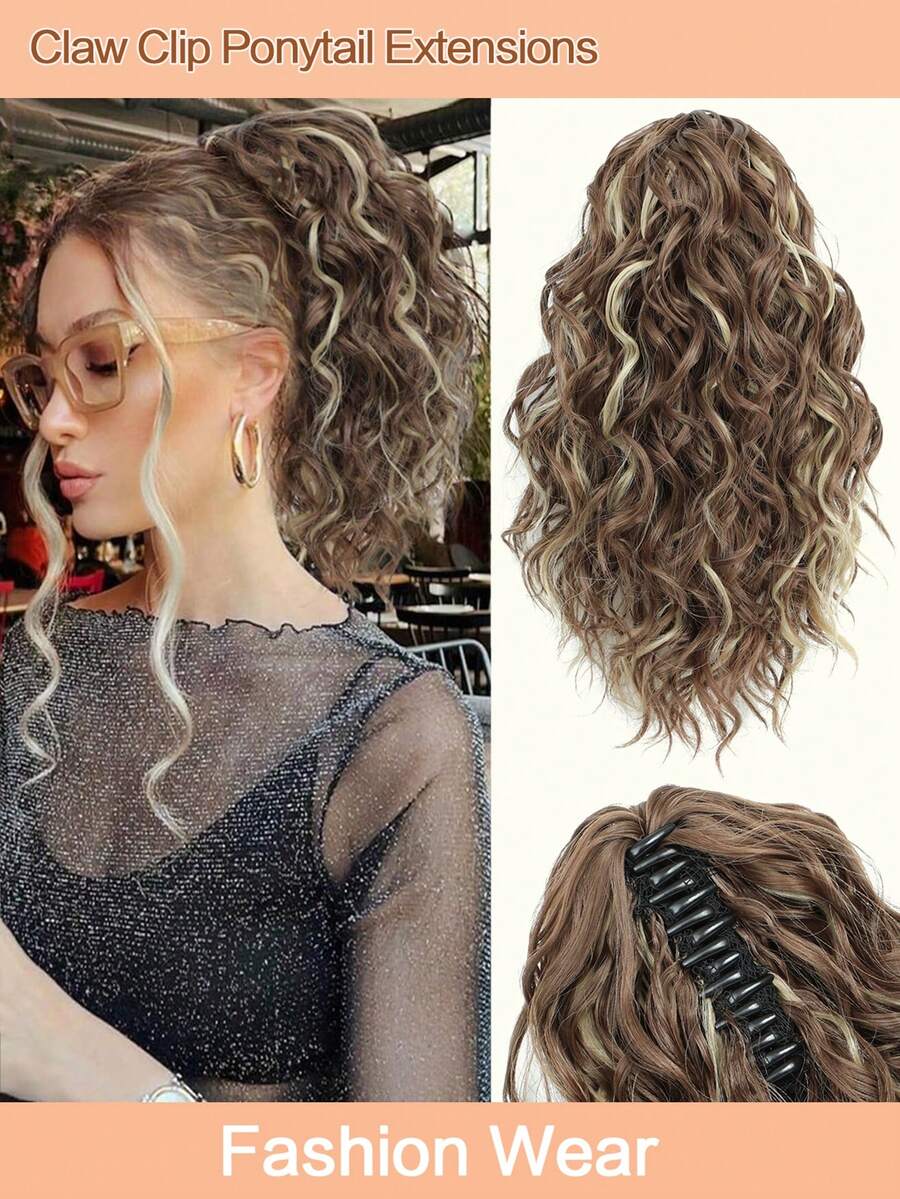 Curly Hair Ponytail Extension 12 Inch Claw Drawstring Ponytail Wig Pieces Brown With Golden Highlights High Pony Tails Hair Extensions Synthetic Friendly Fiber For Women