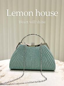 1pc Mint Green Sparkle Ruffle Elegant Evening Bag With Rhinestone Decor, Fashion Clutch For Wedding, Banquet, Party, Ladies Ideal Gift - Mint Green - View 2