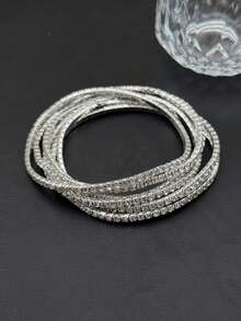 1pc 3MM Rhinestone Anklet, Single Layer Bracelet With Silver-Color Cubic Zirconia, Stretchy, Fashion Minimalist For Party - Silver - View 12