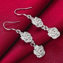 Charmante silberfarbene Rose Blumen Ohrhänger für Frauen, Hochzeit, Verlobung, Mode Party, Charm Schmuck