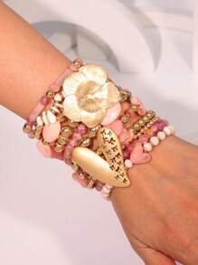 11pcs Pink Glass Crystal & Golden Pearl Beaded Bracelet With Flower, Heart Pendant, Romantic & Sweet Bohemian Style, Suitable As Gift For Women