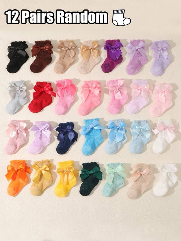 12 Pairs Baby/Toddler Girls Random Solid Color Mesh Hollow Bow Decor Princess Socks, Spring/Summer