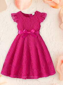 Fashionable Kids Girls Dresses: Exquisite Lace Flying Sleeve Round Neck Casual Dress With Belt - Essential Kids Fashion Summer Dresses For All Occasions - 玫紅色 - 查看 4