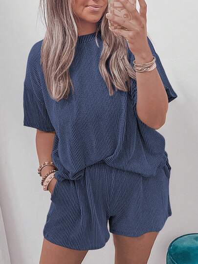 2pcs Plus Size Women Ribbed Knit Loose T-Shirt And Shorts Set Elegant Summer