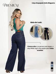 Women's Wide Leg Jeans, High-Rise, 100% Premium Cotton, Wide Leg, Marbled Blogger - Rửa tối - Xem 3