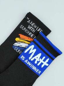 5pairs/set Random Men's Black Letter, Stripe, Dinosaur & Robot Patterned Mid-calf Socks For Skateboarding, Autumn & Winter