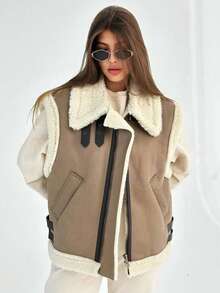 女士博格领麂皮背心仿羊毛抓绒马甲无袖夹克冬季机车夹克保暖外套上衣