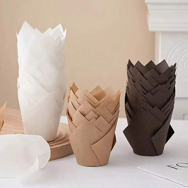 50pcs Ivory & Brown Oil-Proof Tulip Paper Baking Cups, Non-Stick Liners For Cupcakes & Muffins, Suitable For Weddings, Parties, Birthdays