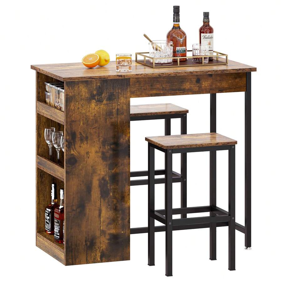 Rustic Brown 3-Piece Bar Table Set - 1 Table & 2 Stools With Open Shelves & Footrest, Space-Saving Dining Set For Small Areas - Rust Brown - View 1