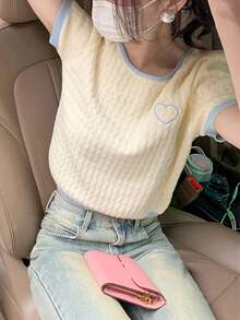 Alicedudu Women's Summer Contrast Edge Embroidered Round Neck Short Sleeve Top - Beige - View 3