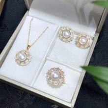 8-9mm Cultured Pearl Elegant 3-Piece Jewelry Set For Women: Necklace, Ring, Earrings - A Gift For Girlfriend, Wife, Friend, Suitable For Daily Wear, Party, Birthday, Valentine's Day, Christmas, New Year, Comes With Gift Box - White - View 7