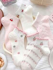 5 Pairs Women's Fashion Cherry Polka Dot Pattern Cute Ruffle Cuff JK Style Versatile Short Socks - Multicolor - View 4