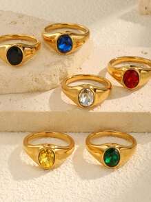 1pc Retro Stainless Steel Green, Red, Yellow, Blue, White, Black Zirconia Gold Color Rings, Vintage Style Women Jewelry, Suitable For Summer