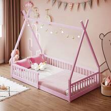 MERAX Twin House Bed With Fence Rails, Wood Montessori Floor Bed With Slats Support, Twin Size Teepee Tent Beds Kids Bed Frames For Girls Boys,Pink - Kích thước đôi-Màu hồng - Xem 1