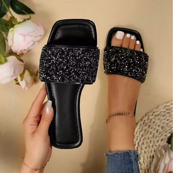 Comfy Slide Sandals For Womens Sparkly Rhinestone Summer Square Toe