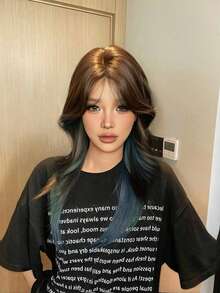 1 Piece Of Dyed Blue Synthetic Heat-Resistant Curly Hair, 24 Inches Long, Made Of Fiber, Suitable For Daily Use, Natural And Realistic Wig. - Blue Highlight - View 1