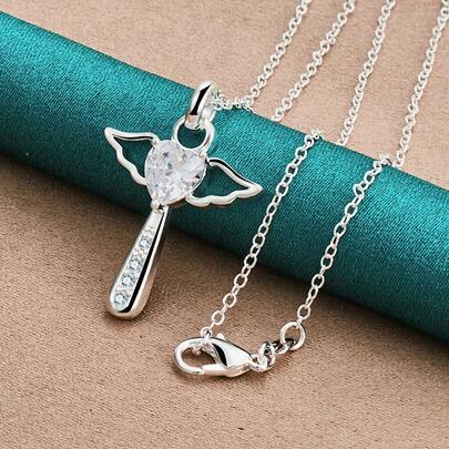 Fashion Brand 925 Sterling Silver Plated Necklace For Women Luxury Wedding Jewelry Angel Crystal Cross Pendants Chain Necklace
