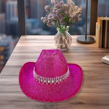 Women's Cowgirl Hat Stylish Rhinestone Design Sun Hat Wide Brim Western Cap For Party Daily Life - Hot Pink - View 4
