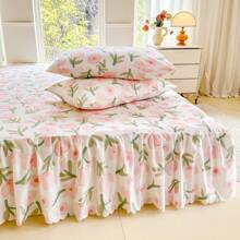 Juego de ropa de cama minimalista de 3 piezas con impresión digital suave y cómoda, 1 * sábana ajustable + 2 * fundas de almohada (sin relleno), juego de ropa de cama suave y con volantes elegantes, adecuado para dormitorio, habitación de invitados, cama individual/matrimonial, de doble cara, para todas las estaciones, lavable, diseño antideslizante y de alta elasticidad